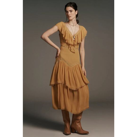 NWT By Anthropologie Mustard Ruffle V-Neck Midi Dress XS Viscose Boho Romantic - Picture 2 of 12